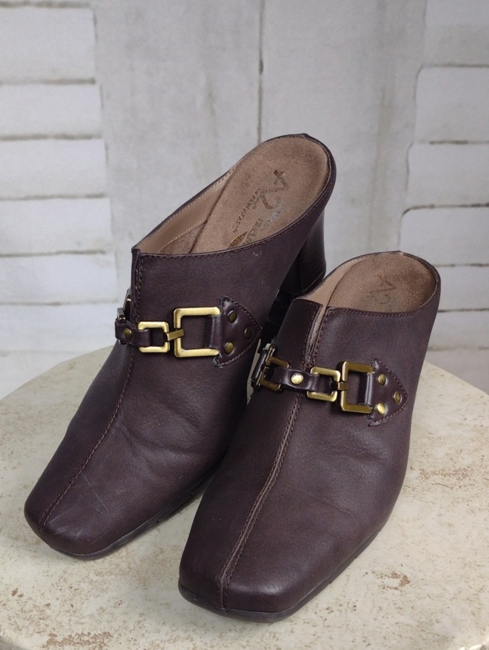 A2 By Aerosoles Dark Brown Leather Mule Heels with Brass Hardware Size 8